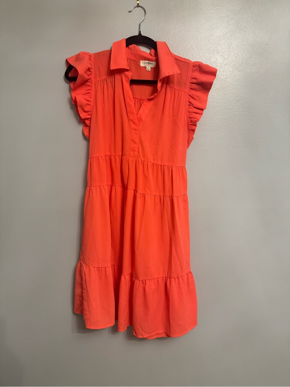 Umgee Coral Ruffle Sleeve Tiered Dress with ruffle sleeves small